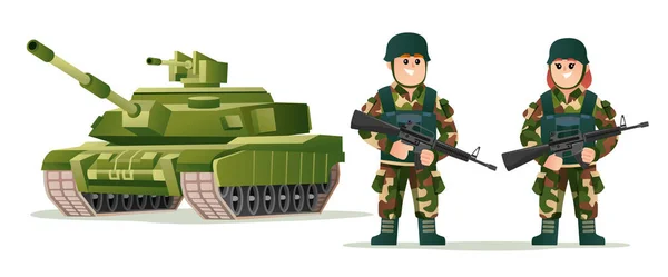 かわいい男の子と女の子軍兵士軍の戦車漫画のイラストと武器銃を保持 — ストックベクタ