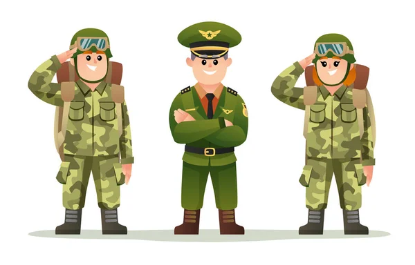 Cute Army Captain Male Female Soldiers Carrying Backpack Character Set — Stock Vector