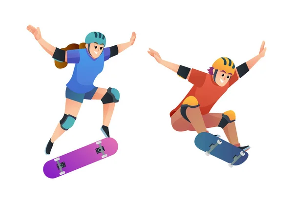 Conjunto Feliz Menino Menina Skate Salto Pose Ilustração — Vetor de Stock