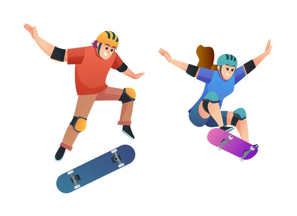 Ensemble Jeune Garçon Fille Skateboard Sautant Pose Illustration — Image vectorielle