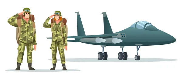 Férfi Hadsereg Katona Hordozó Hátizsák Karakterek Katonai Jet Repülőgép Rajzfilm — Stock Vector
