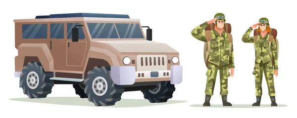 Άνδρας Και Γυναίκα Στρατιώτης Μεταφέρουν Χαρακτήρες Σακίδιο Πλάτης Στρατιωτικό Όχημα — Διανυσματικό Αρχείο