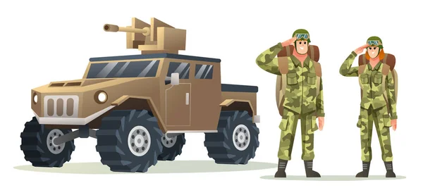 男性と女性の軍隊兵士軍事車両の漫画のイラストとバックパックの文字を運ぶ — ストックベクタ
