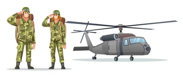 Mann Und Frau Armee Soldat Tragen Rucksack Figuren Mit Militärhubschrauber — Stockvektor
