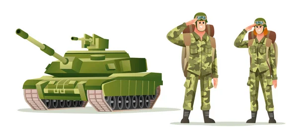 男性と女性の軍隊兵士軍の戦車漫画のイラストとバックパックの文字を運ぶ — ストックベクタ