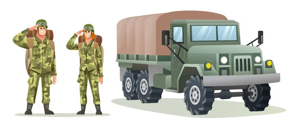 軍のトラック漫画のイラストとバックパックの文字を運ぶ男と女の軍隊兵士 — ストックベクタ