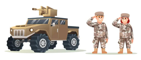 Lindo Niño Niña Ejército Soldado Personajes Con Vehículo Militar Ilustración — Vector de stock