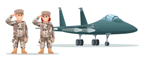 Lindos Personajes Soldados Del Ejército Masculino Femenino Con Avión Reacción — Archivo Imágenes Vectoriales