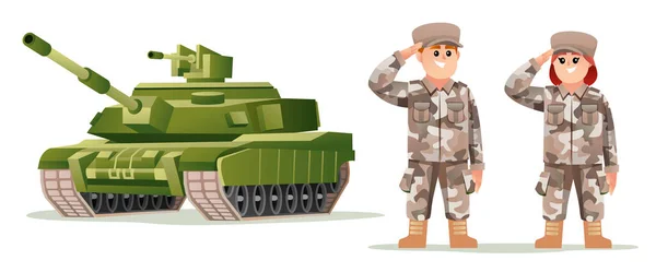 かわいい男の子と女の子の軍隊の兵士のキャラクターとともにタンク漫画イラスト — ストックベクタ