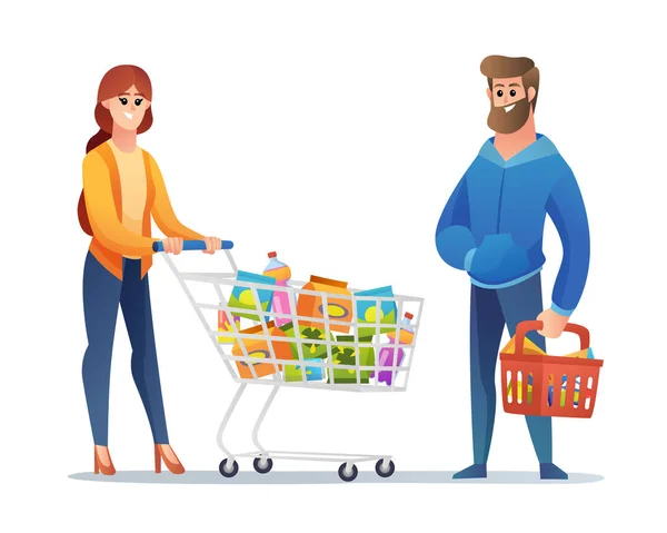 Glücklicher Mann Und Frau Beim Einkaufen Zeichentrickfiguren Set — Stockvektor