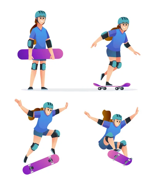 Set Van Jong Meisje Spelen Skateboard Verschillende Poses Illustratie — Stockvector
