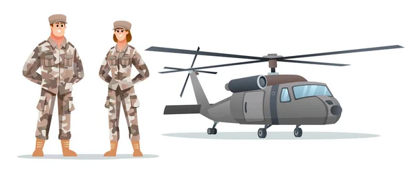 Чоловічі Жіночі Військові Персонажі Військовим Гелікоптером — стоковий вектор