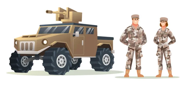 Άνδρας Και Γυναίκα Στρατιώτες Χαρακτήρες Στρατιωτικό Όχημα Εικονογράφηση Κινουμένων Σχεδίων — Διανυσματικό Αρχείο