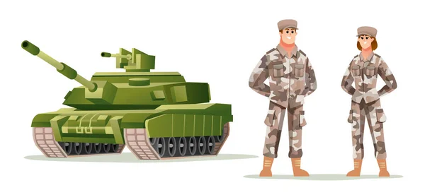 軍の戦車漫画のイラストを持つ男と女の軍兵士のキャラクター — ストックベクタ