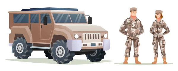 軍用車両の漫画のイラストを持つ男性と女性の軍隊兵士のキャラクター — ストックベクタ