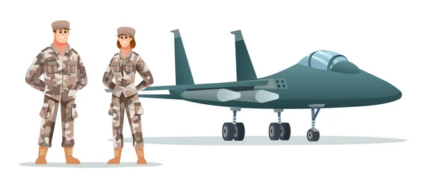 Άνδρες Και Γυναίκες Στρατιωτικοί Χαρακτήρες Στρατιωτικό Αεροπλάνο Τζετ — Διανυσματικό Αρχείο
