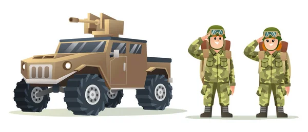 Cute Male Female Army Soldier Carrying Backpack Characters Military Vehicle — Stock Vector