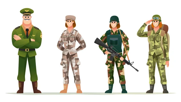 様々な迷彩服のキャラクターセットの女性兵士と陸軍大尉 — ストックベクタ
