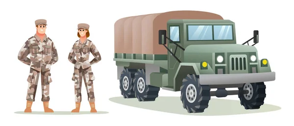 Male Female Army Soldier Characters Military Truck Cartoon Illustration — Stock Vector