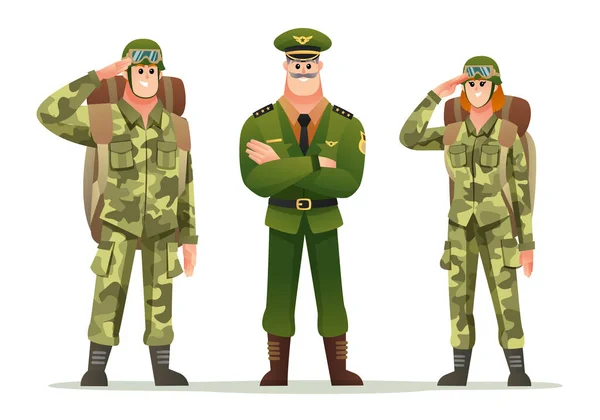Army Captain Man Woman Soldiers Carrying Backpack Character Set — Stock Vector