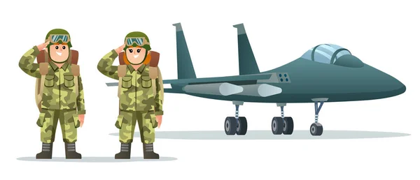 Aranyos Fiú Lány Hadsereg Katona Hordozó Hátizsák Karakterek Katonai Jet — Stock Vector
