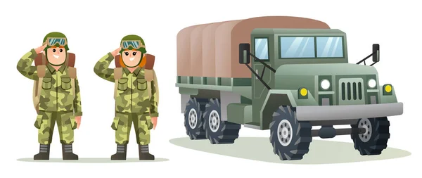 Cute Boy Girl Army Soldier Carrying Backpack Characters Military Truck — Stock Vector