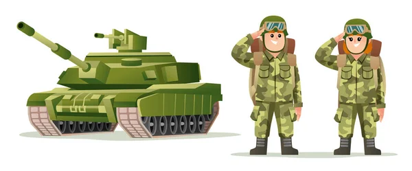 軍の戦車漫画のイラストとバックパックの文字を運ぶかわいい男性と女性の軍隊兵士 — ストックベクタ