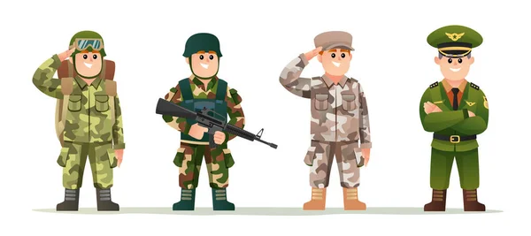 様々な迷彩衣装のキャラクターセットの兵士とかわいい軍隊のキャプテン — ストックベクタ