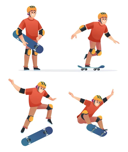Set Young Boy Playing Skateboard Various Poses Illustration — Stock Vector