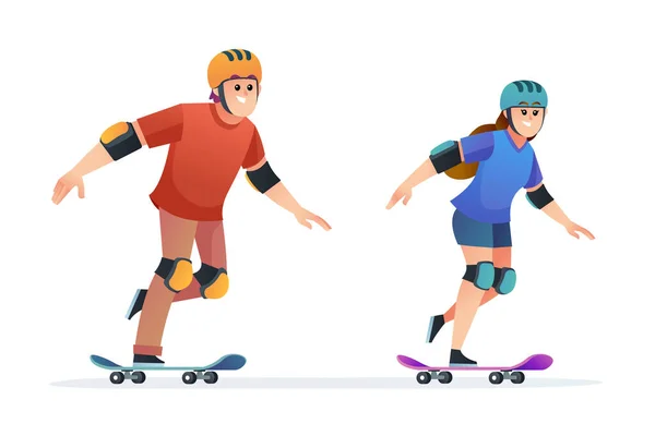 Conjunto Menino Menina Skate Desenho Animado Ilustração — Vetor de Stock