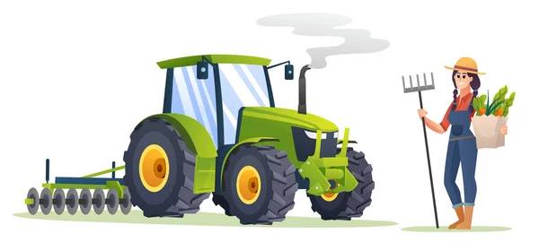有機野菜を保持し 漫画のスタイルでトラクターの横にひづめをフォーク女性農家 収穫農家イラスト — ストックベクタ