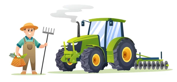 有機野菜を保持し 漫画のスタイルでトラクターの横にひづめをフォークかわいい少年農家 収穫農家イラスト — ストックベクタ
