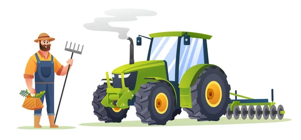 Farmer Holding Organic Vegetables Fork Hoe Tractor Cartoon Style Harvest — Stock Vector