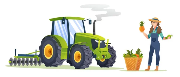 漫画のスタイルで新鮮な果物やトラクターと幸せな女性農家 収穫農家イラスト — ストックベクタ
