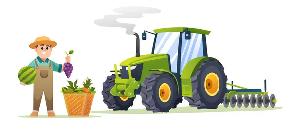 新鮮な果物や漫画のスタイルでトラクターとかわいい少年農家 収穫農家イラスト — ストックベクタ