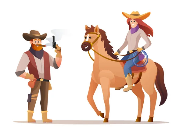 Wildlife Western Cowboy Holding Gun Cowgirl Riding Horse Characters Illustration — Stock Vector