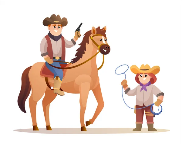 Cute Cowboy Holding Gun While Riding Horse Cowgirl Holding Lasso — Stock Vector