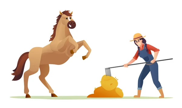 Femme Agriculteur Nourrir Cheval Avec Illustration Dessin Animé Foin — Image vectorielle
