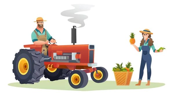 トラクターの男性農家と新鮮な果物の概念を保持する女性農家 収穫農家イラスト — ストックベクタ