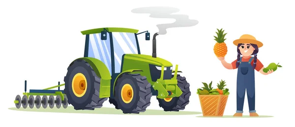 新鮮な果物や漫画のスタイルでトラクターとかわいい女の子の農家 収穫農家イラスト — ストックベクタ