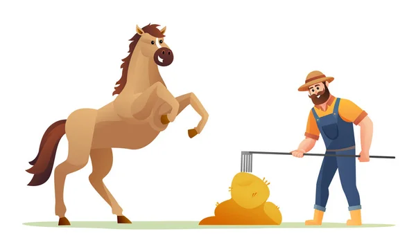 Boer Voedende Paard Met Hooi Cartoon Illustratie — Stockvector
