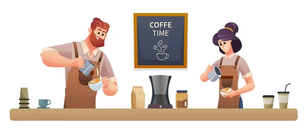 Male Female Baristas Making Coffee Coffee Shop Illustration — Stock Vector
