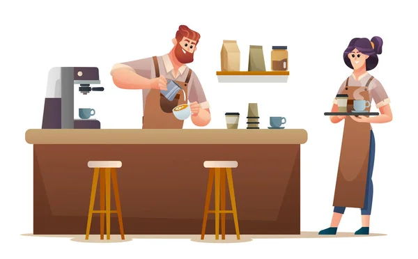 Der Männliche Barista Kocht Kaffee Und Die Weibliche Barista Trägt — Stockvektor