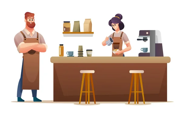 Male Female Baristas Working Coffee Shop Cartoon Illustration — Stock Vector