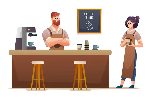 Male Female Baristas Working Coffee Shop Illustration — Stock Vector
