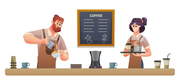 Male Barista Making Coffee Female Barista Carrying Coffee Illustration — Stock Vector