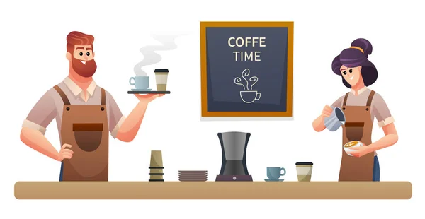 Barista Masculino Carregando Café Barista Feminino Fazendo Café Ilustração —  Vetores de Stock