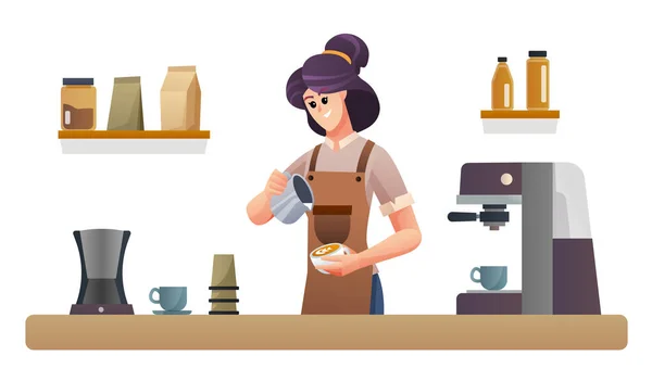 Weibliche Barista Kocht Kaffee Der Theke Des Cafés Illustration — Stockvektor
