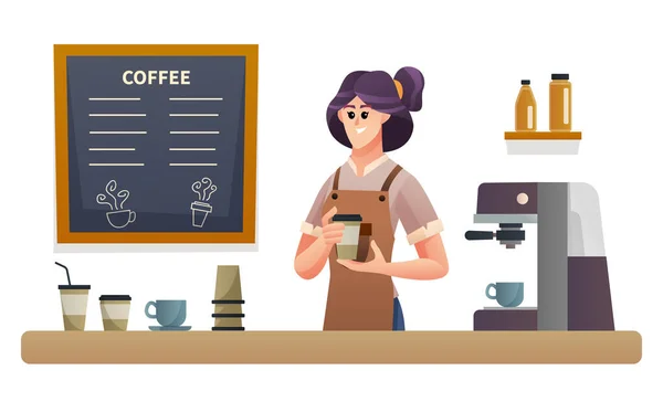 Woman Barista Carrying Coffee Tray Coffee Shop Counter Illustration — Stock Vector