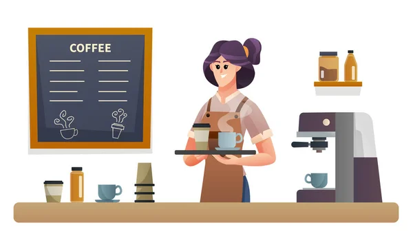 Female Barista Carrying Coffee Tray Coffee Shop Counter Illustration — Stock Vector